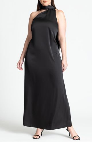 Scarf Neck One-Shoulder Satin Maxi Dress