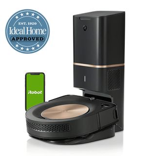 iRobot Roomba vacuum cleaner with smart phone and Ideal Home Approved stamp