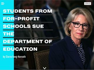 Screenshot showing Betsy DeVos with title: Students from for-profit schools sue department of education