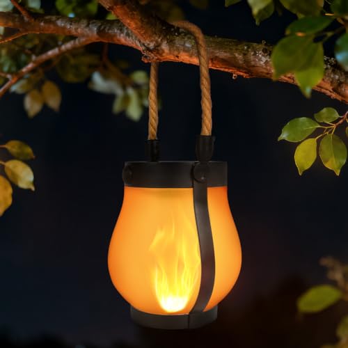 Adiwo Solar Flame Hemp Rope Lantern, 1 Pc Waterproof Hanging Solar Lantern | With Carabiner, 1500 Mah, Usb Dual Charging Modes, Realistic Flickering Flame for Garden Ornaments, Balconies, Yard Decor