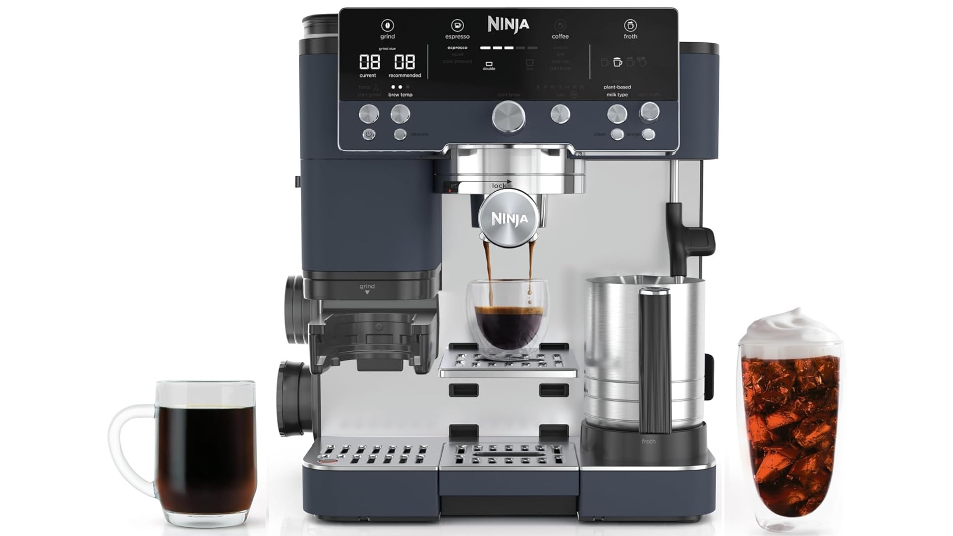 Studio product shot of a navy blue and stainless steel Ninja espresso machine actively dispensing espresso into a glass cup, flanked by a mug of hot coffee and a glass of iced coffee topped with foam.