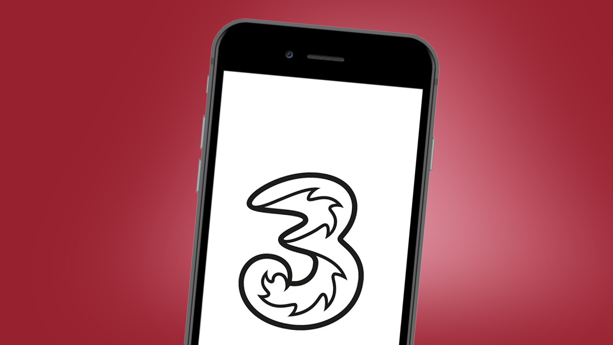 A phone on a red background showing the Three logo