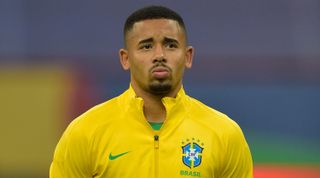 Close-up of Brazil striker Gabriel Jesus lining up before a match