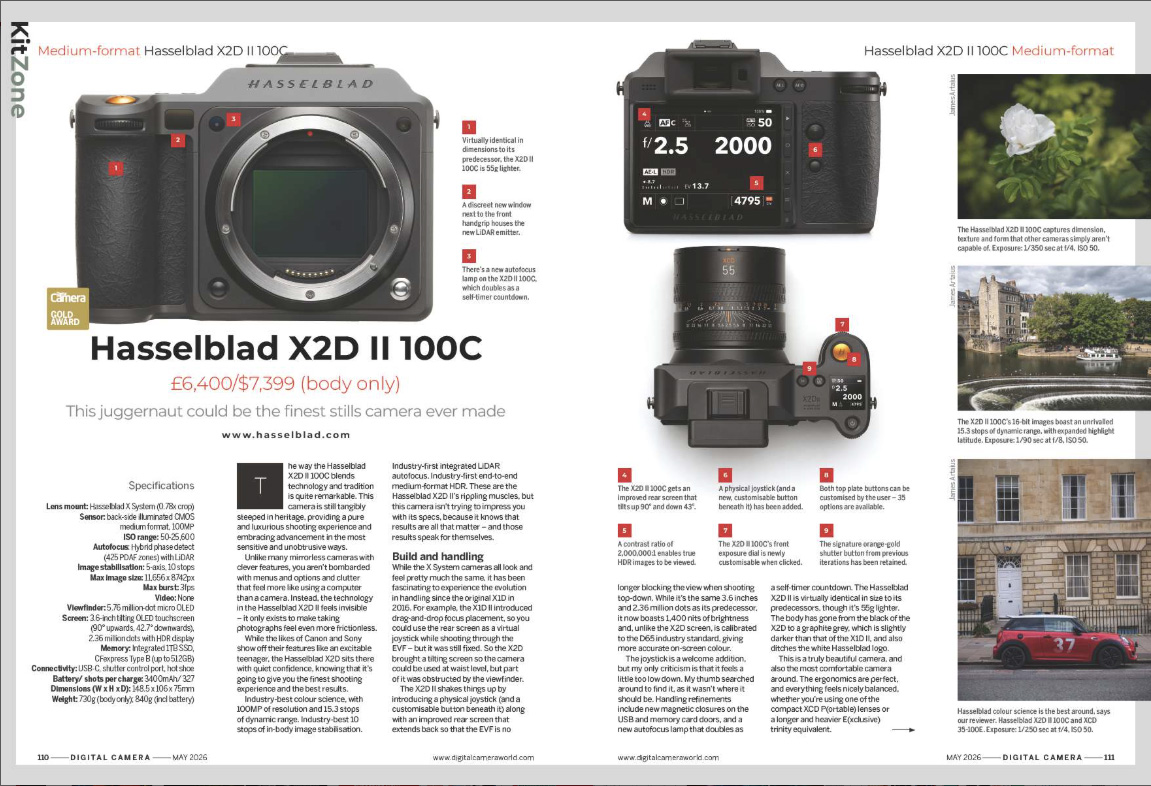 Image showing the first two pages of the Hasselblad X2D II 100C camera review, in issue 307 (May 2026) of Digital Camera magazine