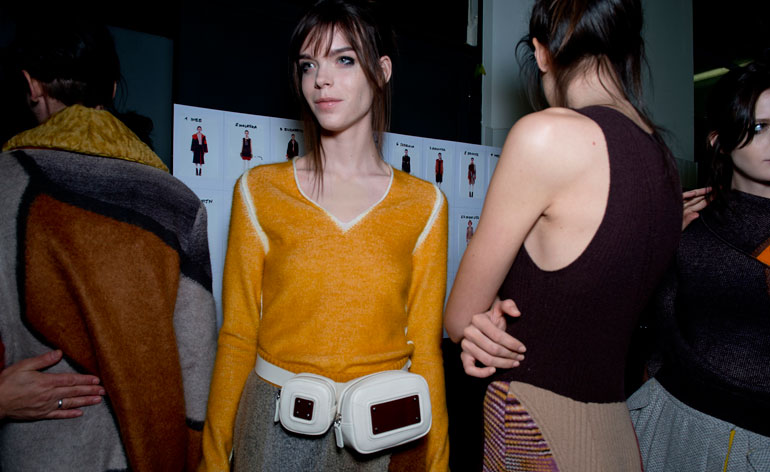 Female models dressed in the Missoni A/W 2014 backstage of the fashion show