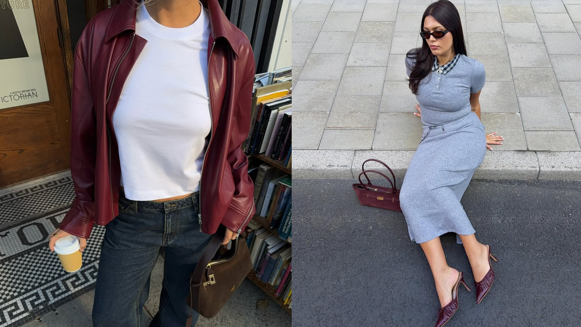 Collage of women wearing burgundy shoe outfits 2025.