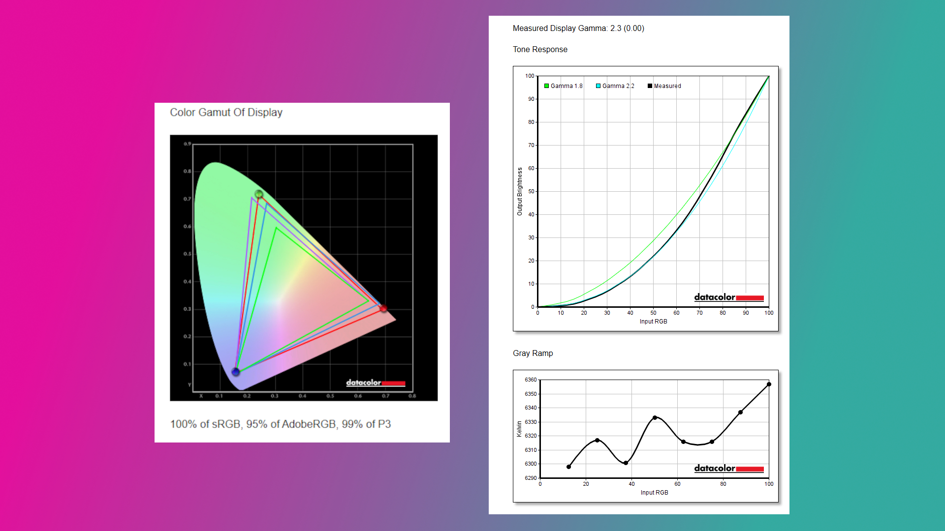 Color reproduction and display gamma charts against a purple and teal gradient background.