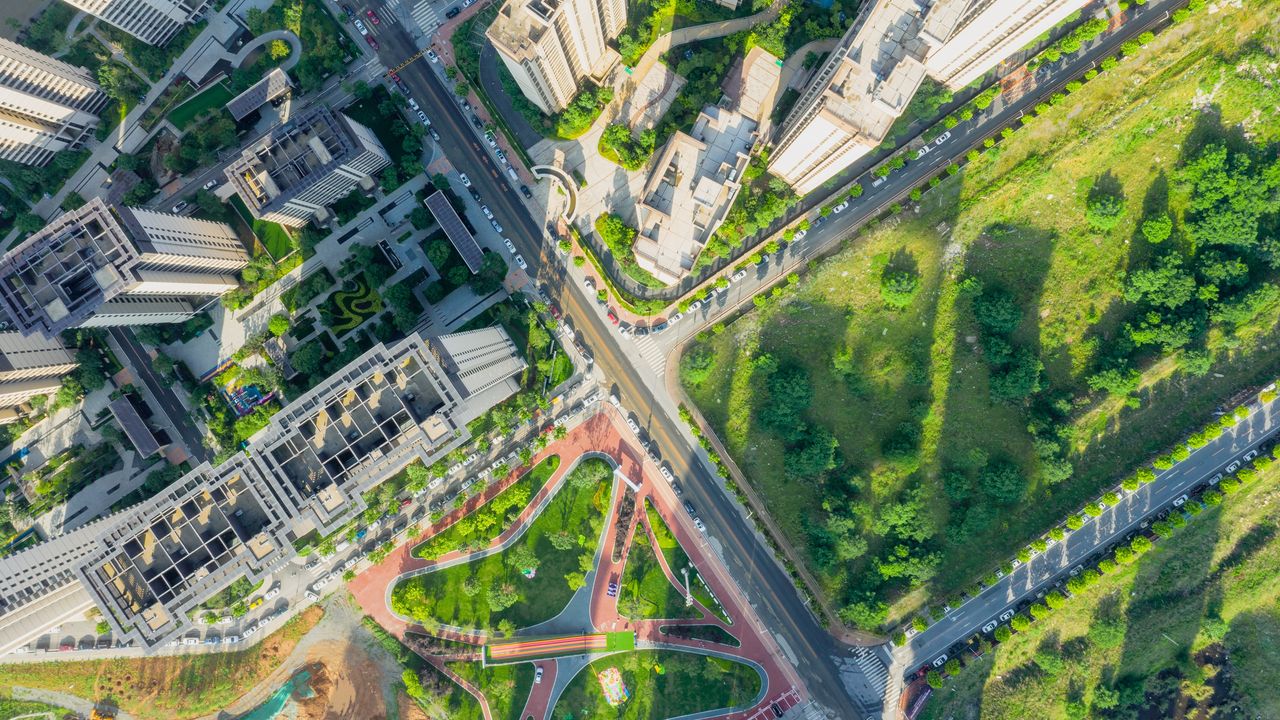 An aerial view of a city.