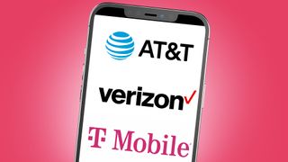 A phone on a pink background showing the logos for AT&T, Verizon and T-Mobile