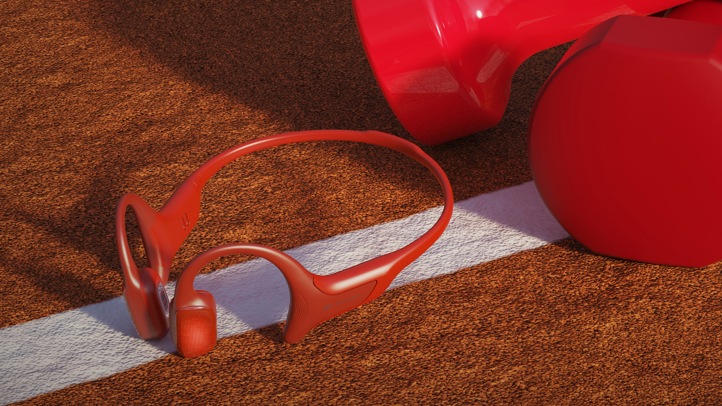 The Mojawa HaptiFit on a tennis court next to a pair of red weights.