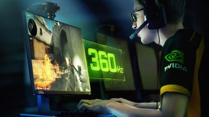 A gamer using an NVIDIA G-SYNC 360Hz monitor to play an FPS.