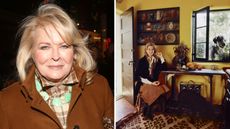 a split screen image of candice bergen on the left and her yellow kitchen from the '70s on the right