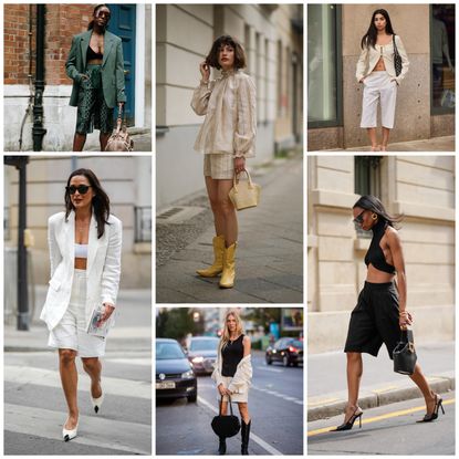 women wearing linen shorts in a collage