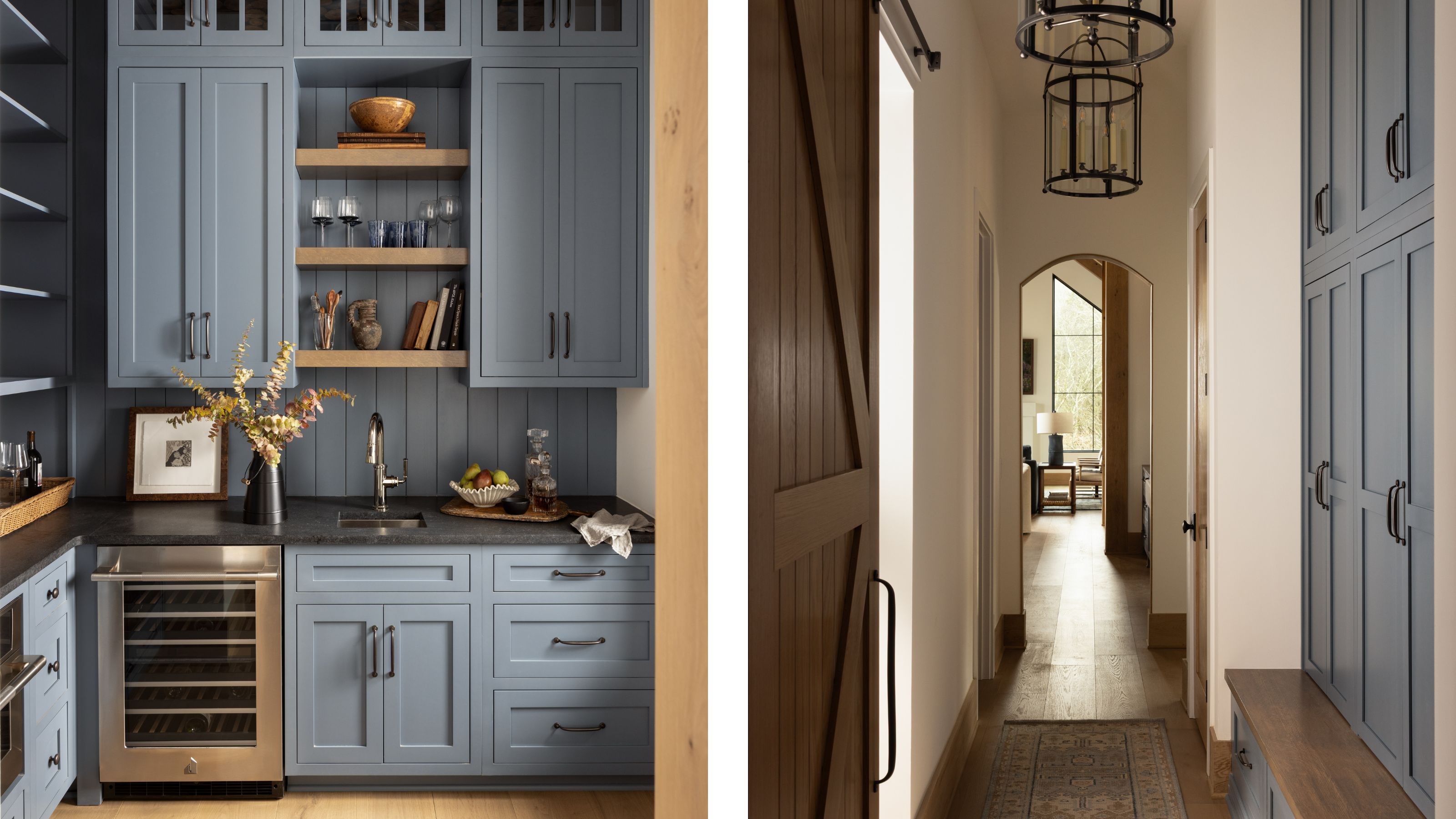 Side-by-side view of a home interior featuring a dusty-blue home bar with a beverage cooler on the left, and a hallway with a wooden barn door and built-in blue storage on the right.