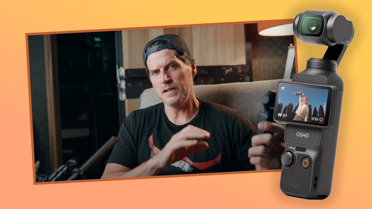 YouTuber Hugh Sweeney talking to the camera with a cutout of the DJI Osmo Pocket 3 on an orange and yellow gradient