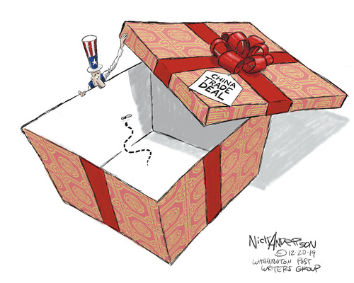 Political Cartoon U.S. China Trade Deal Empty Present Box