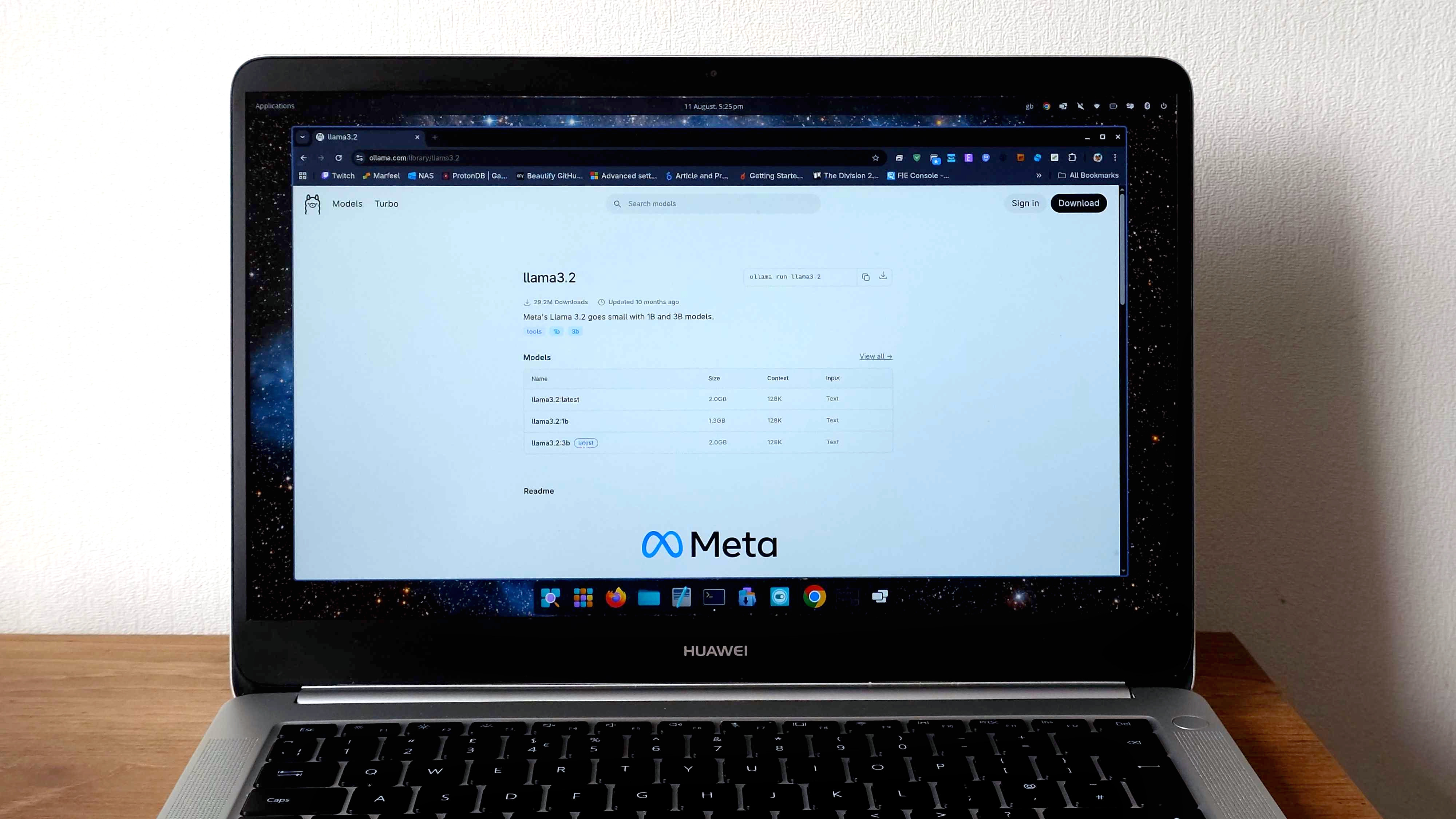 Ollama website on a Huawei MateBook D running Fedora 42.