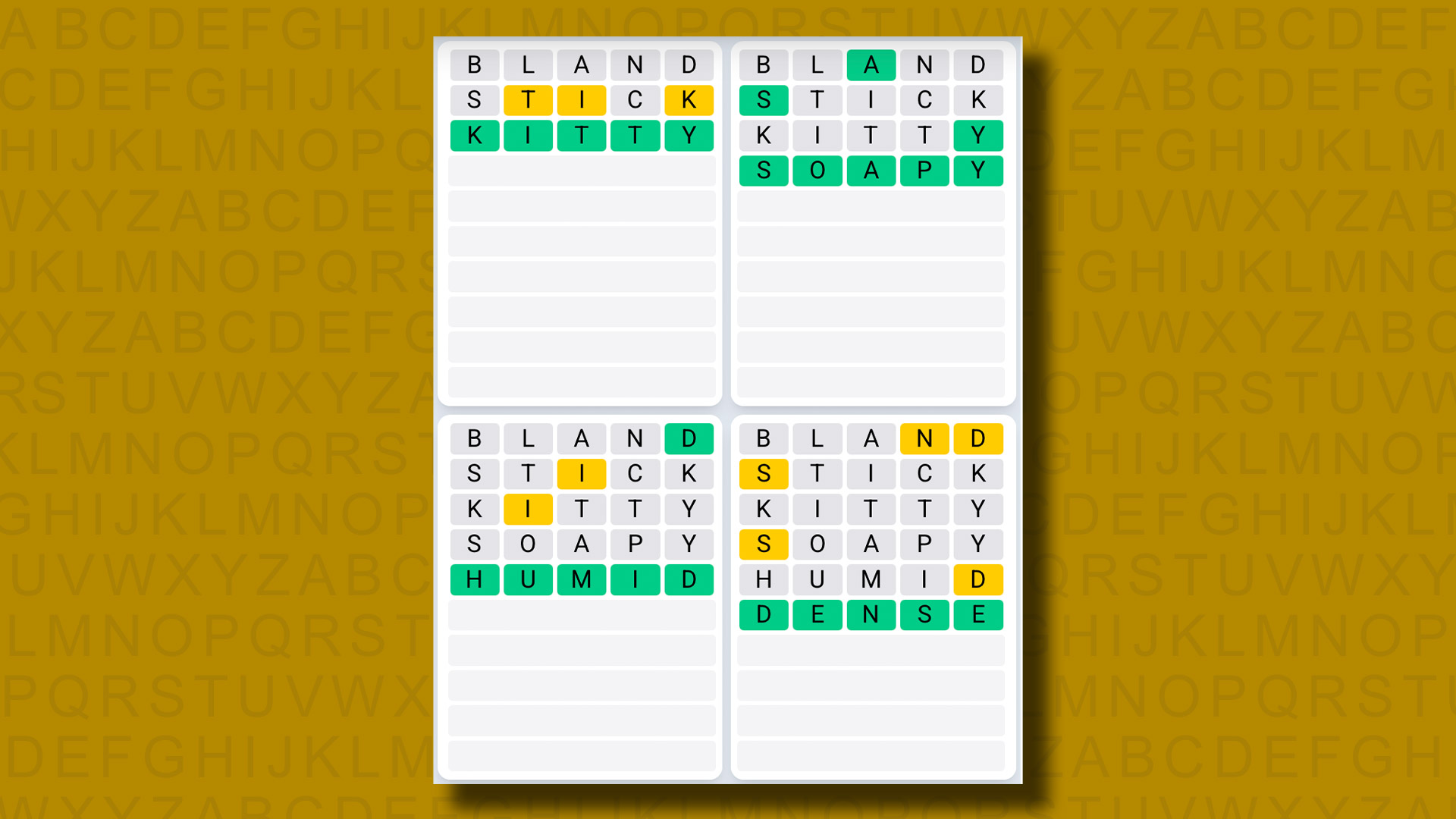 Quordle Daily Sequence answers for game 1201 on a yellow background