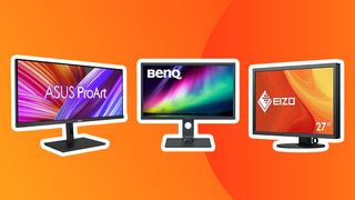 Three of the best monitors for video editing on an orange background. 