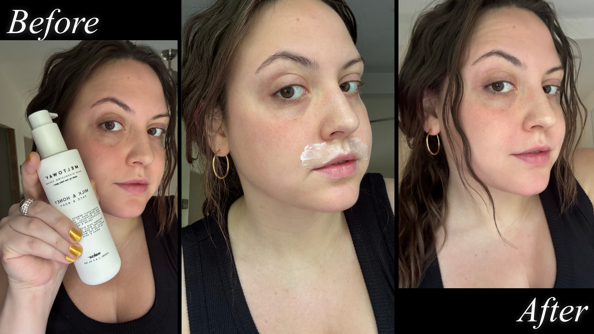 Sophia Vilensky before, during, and after using uses Wakse Meltoway Balm.