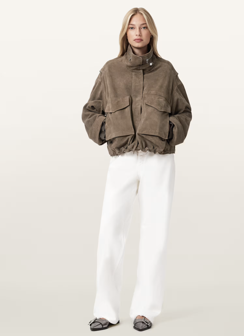 allsaints, Clay Funnel Neck Suede Cropped Jacket