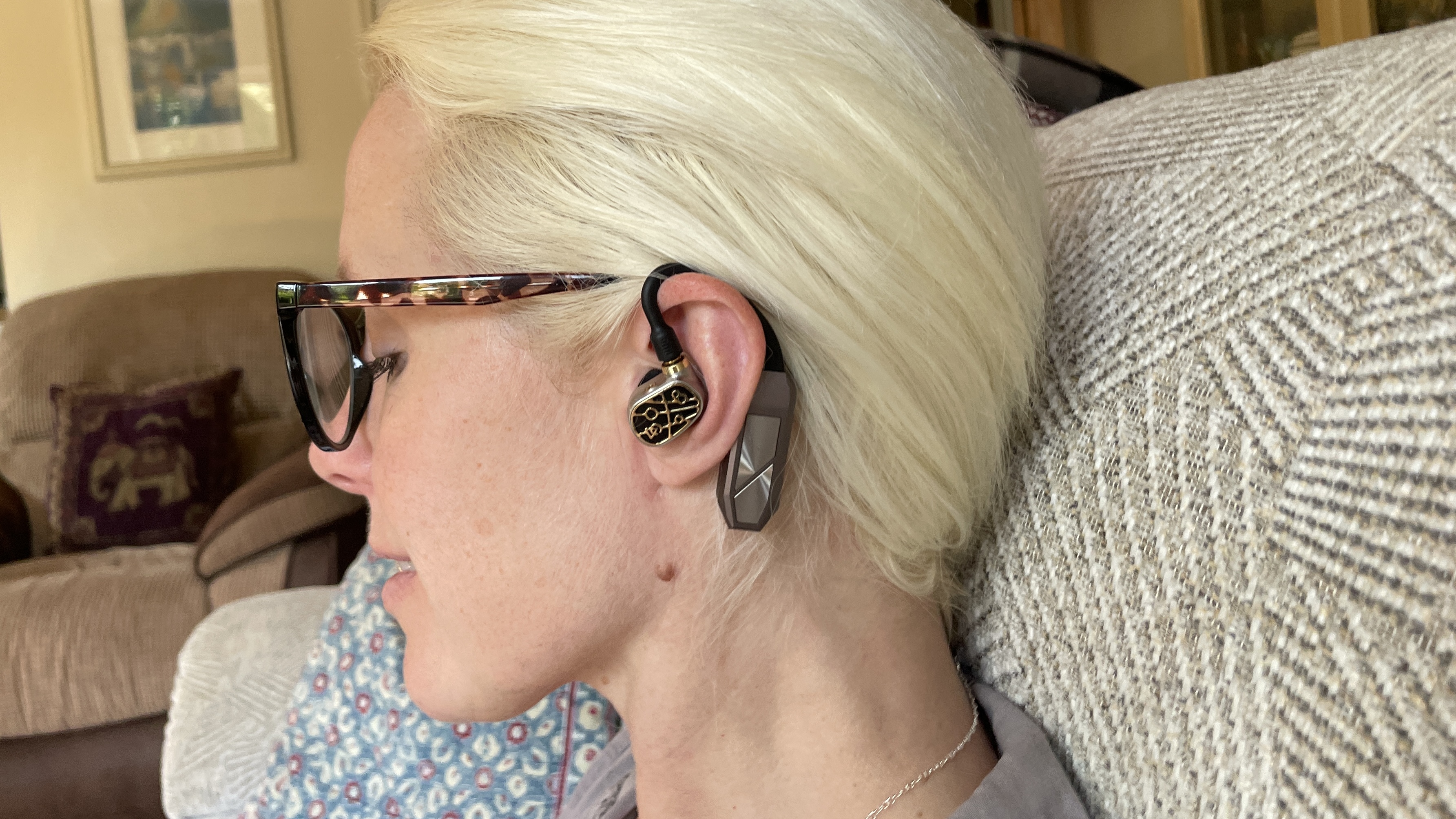 iFi Go Pod in a hand, with high-end wired earbuds and in the case, which accepts even larger earbuds
