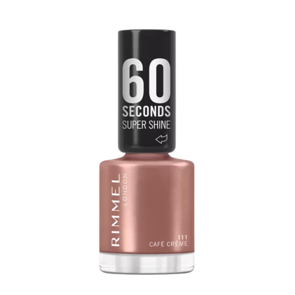 A product shot of the Rimmel London nail polish in Caf&amp;eacute; Cr&amp;egrave;me, on a white background