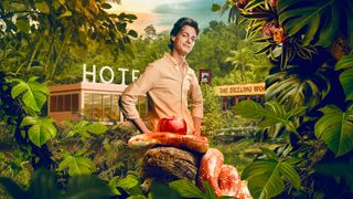 An image of Hugo superimposed on a jungle background with temptations in the form of a hotel and Chinese take away. There is also a bright red apple in the foreground with a dangerous looking orange snake coiled around it. 