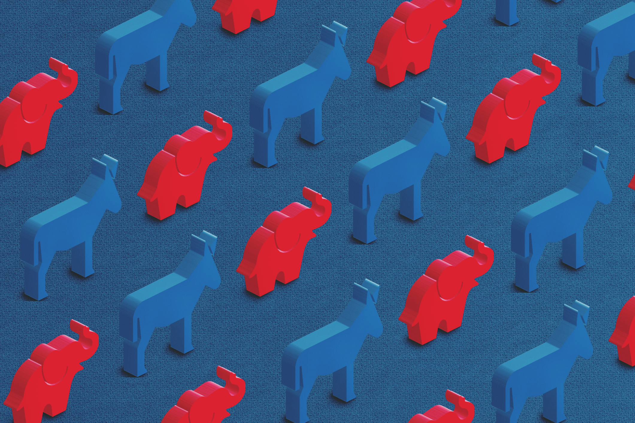 digital illustration of red elephants and blue donkeys in rows