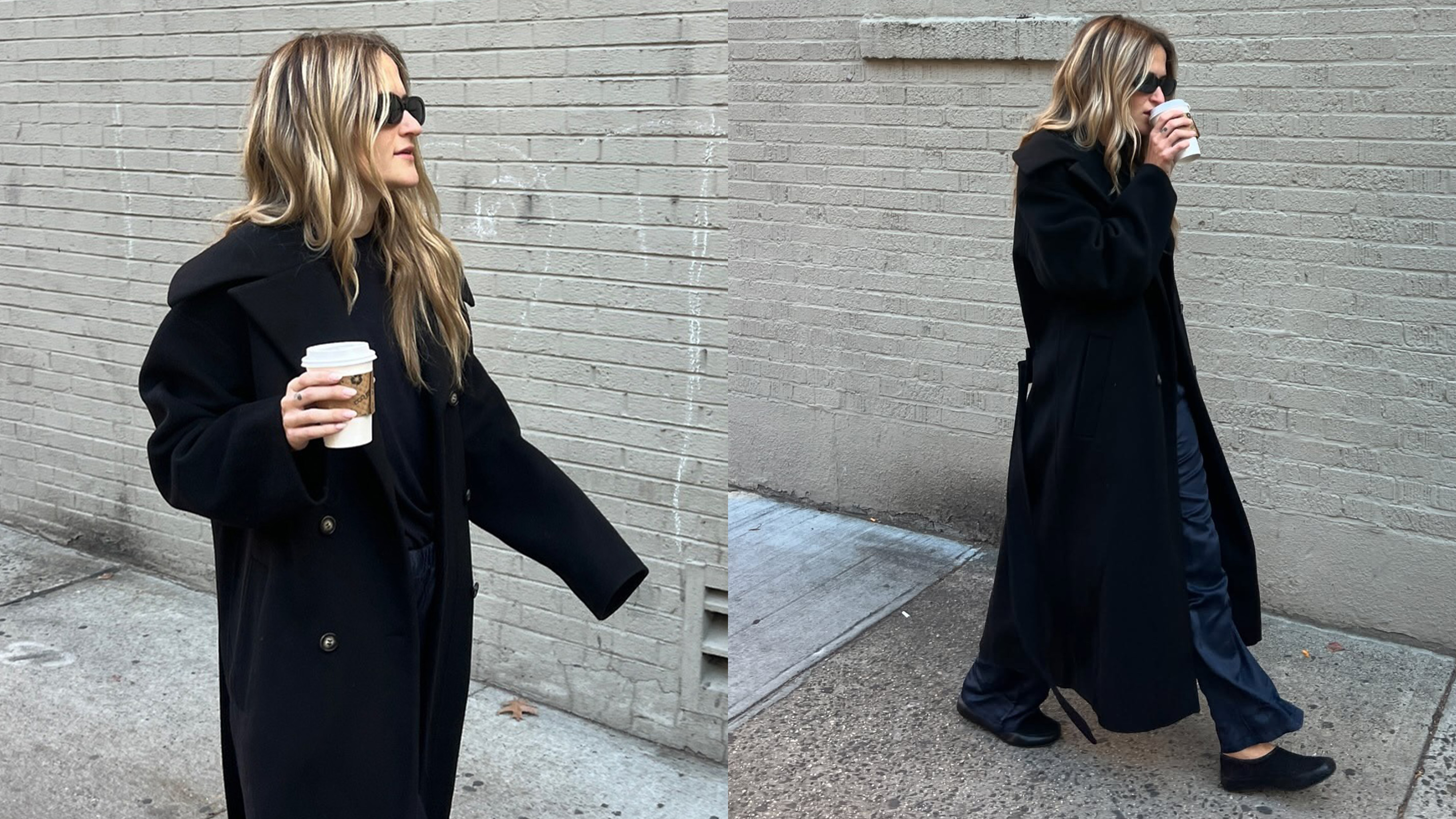 Eliza Huber wearing fall and winter basics, including a black long tailored coat, trousers, and a V-neck sweater.