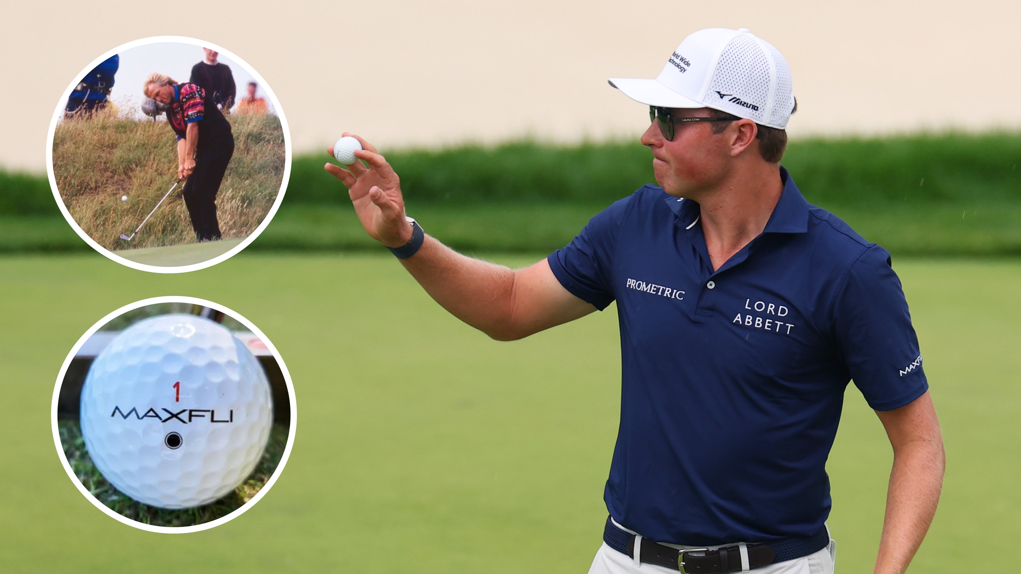 Ben Griffin acknowledging the crowd after holing a putt and images of Greg Norman hitting a chip and a close up of a Maxfli golf ball