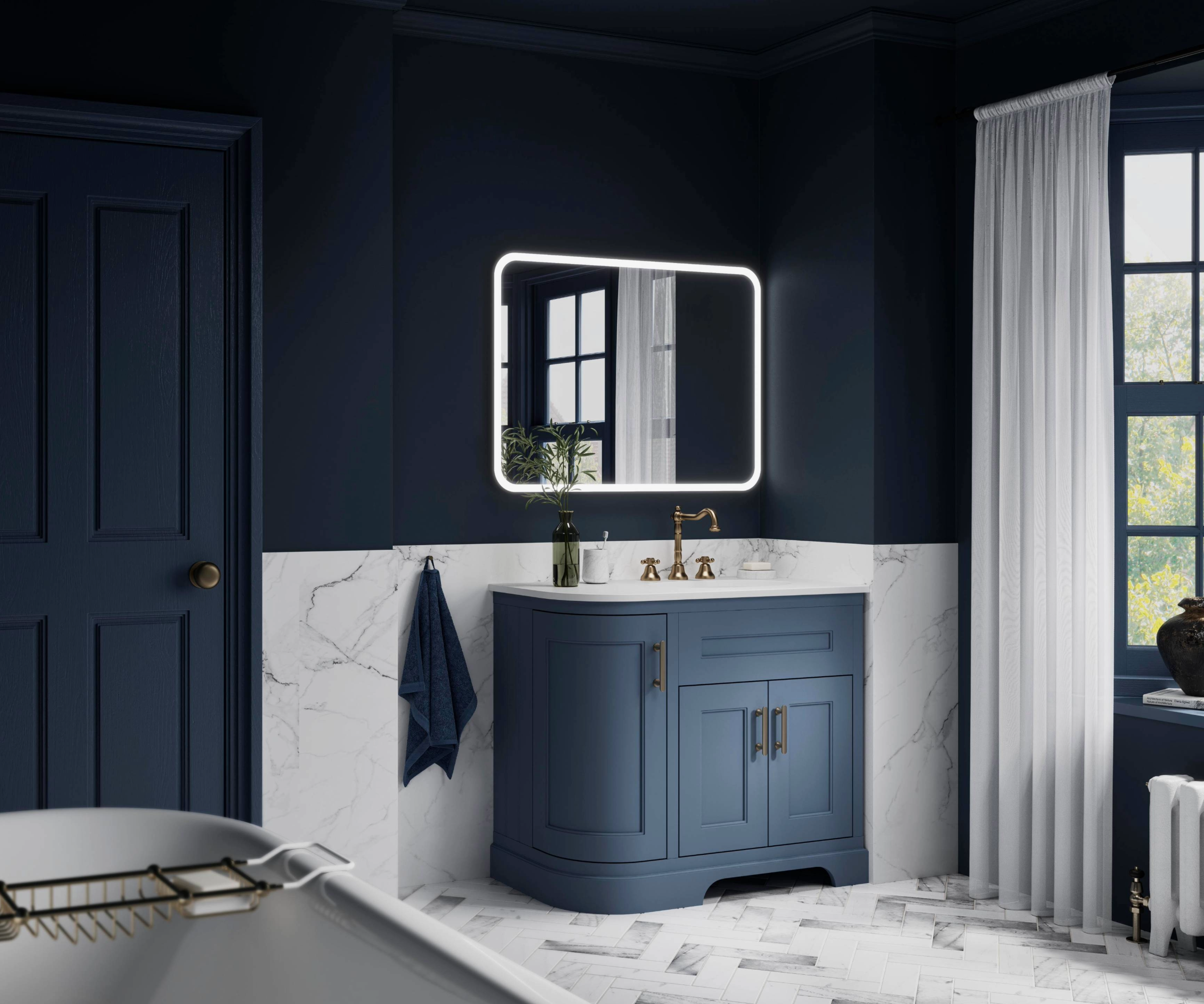Dark bathroom idea with dark blue half walls which is carried through onto windows and door