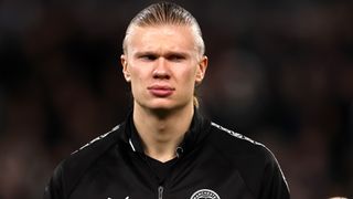 Erling Haaland of Manchester City reacts prior to the Premier League match between Fulham and Manchester City at Craven Cottage on December 02, 2025 in London, England.