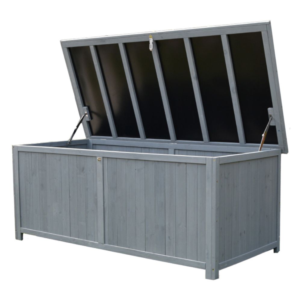 An open grey outdoor storage box
