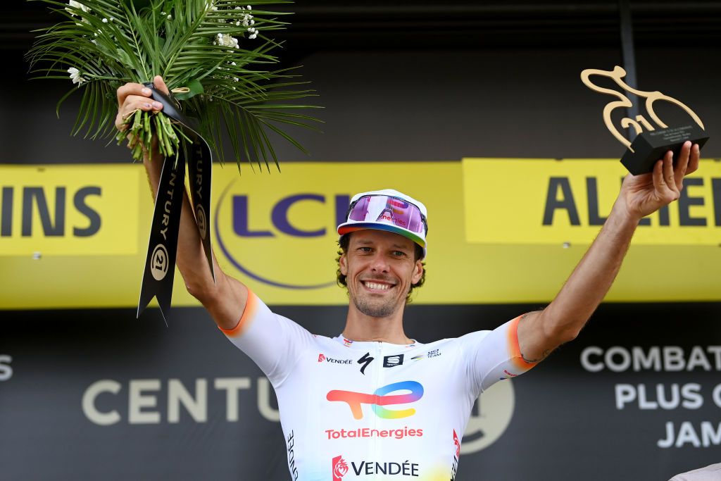 MOULINS FRANCE JULY 12 Daniel Oss of Italy and Team TotalEnergies celebrates at podium as most combative prize during the stage eleven of the 110th Tour de France 2023 a 1798km from ClermontFerrand to Moulins UCIWT on July 12 2023 in Moulins France Photo by Tim de WaeleGetty Images