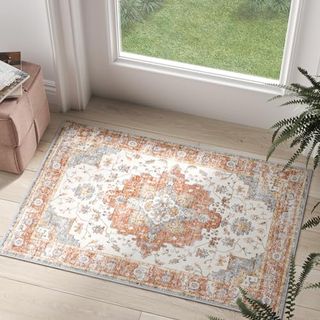 Jinchan Area Rug 2x3 Vintage Entryway Rug Washable Boho Indoor Doormat Floral Medallion Small Rug Non Slip Retro Soft Thin Rug Classic Carpet for Kitchen Bathroom Bedroom Brick Red