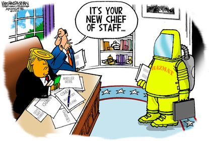 Political cartoon U.S. Trump White House chief of staff hazmat suit