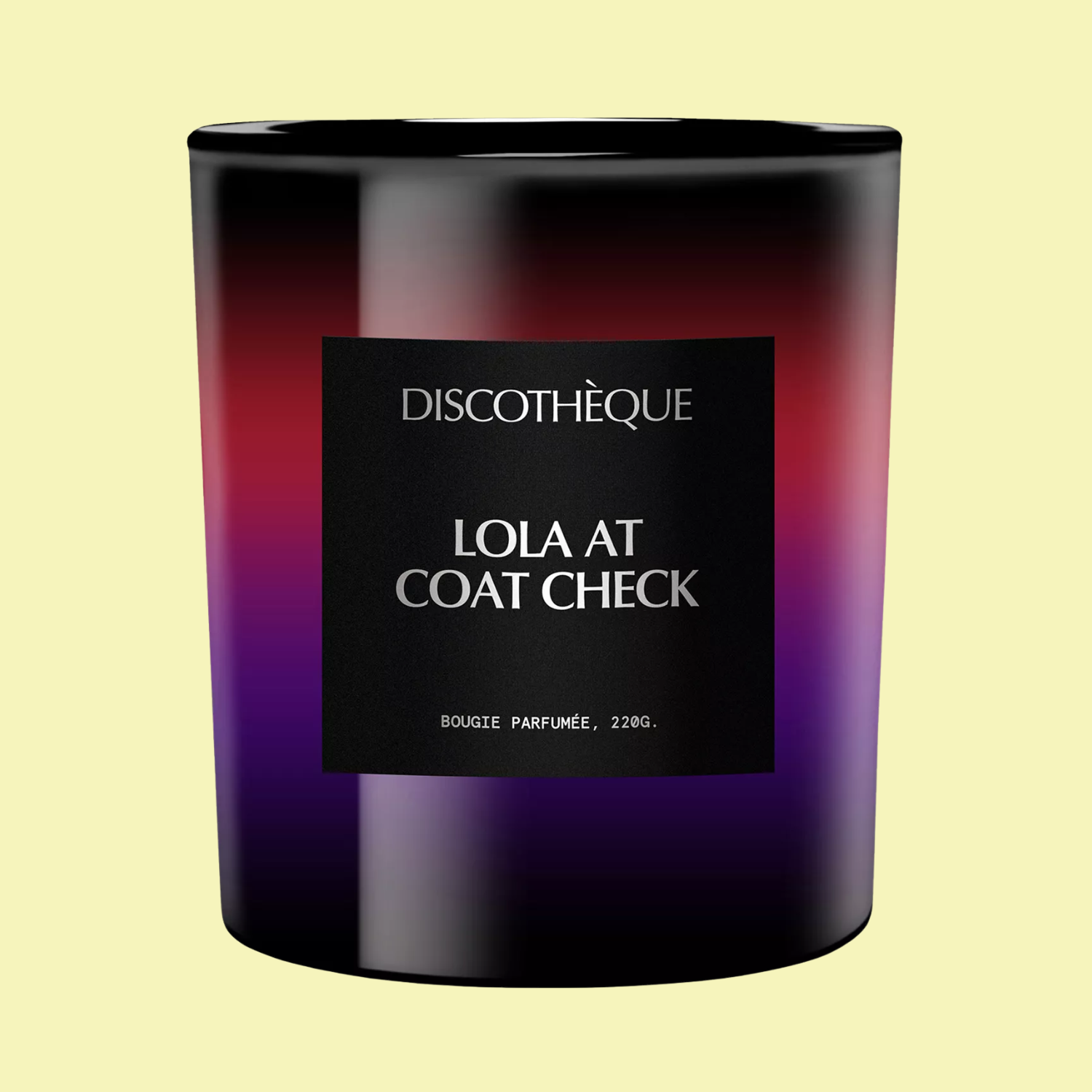 A black, red and purple scented candle