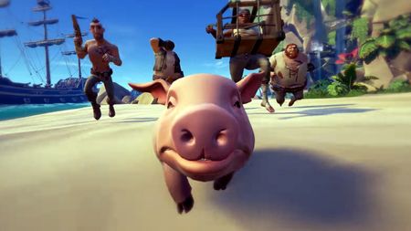 A pig flees a gang of would-be captors in Sea of Thieves.