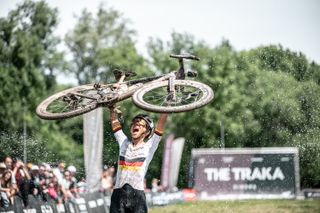 Carolin Schiff celebrates her 2024 victory at The Traka 200