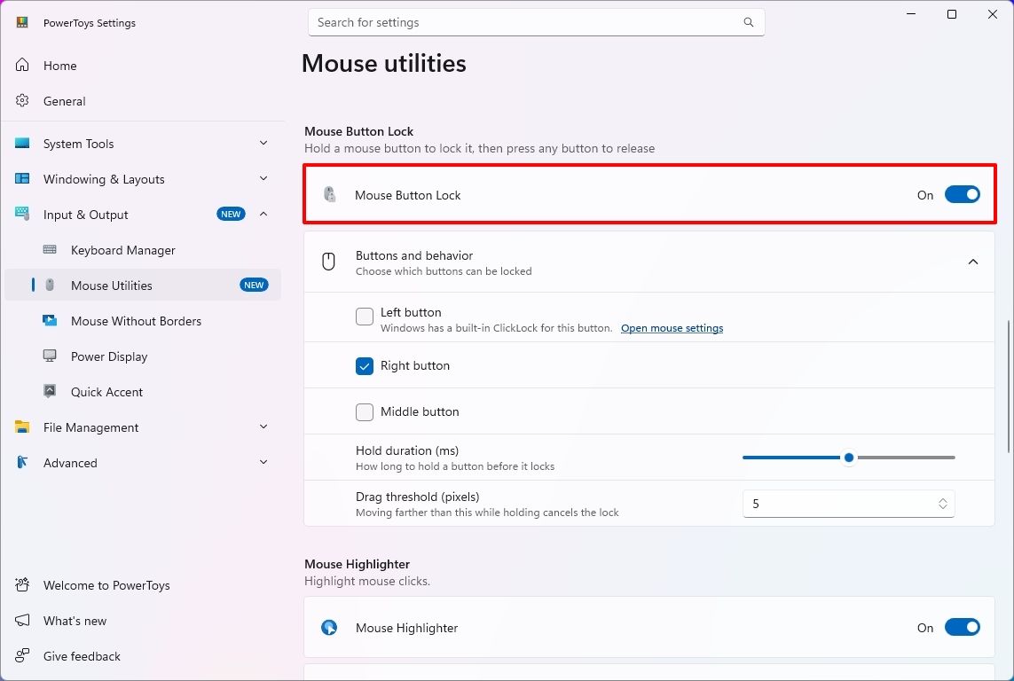PowerToys Mouse Button Lock settings and enable option.