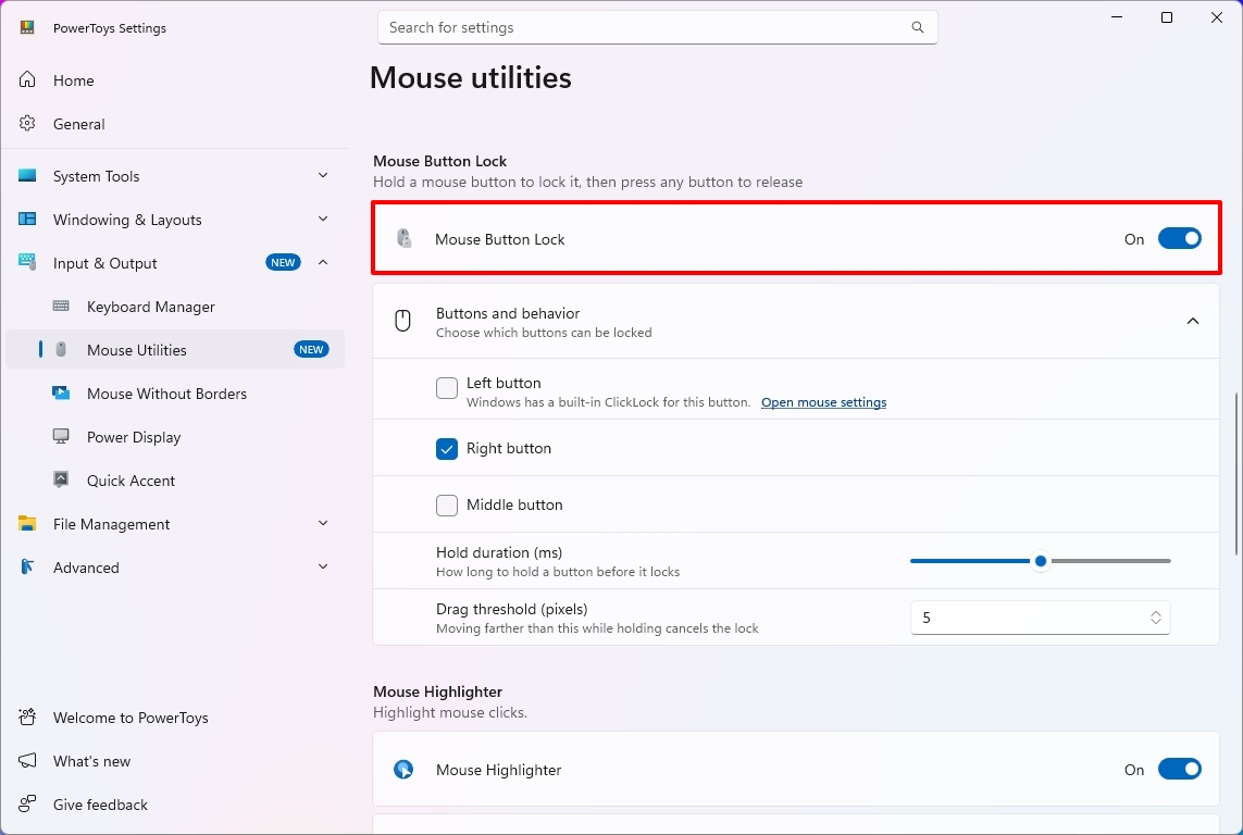 PowerToys Mouse Button Lock settings and enable option.