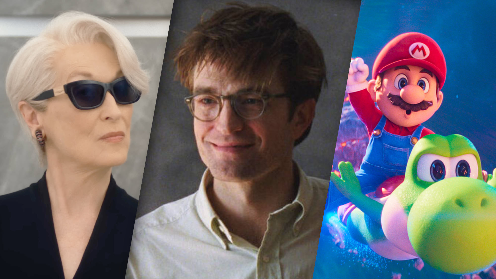 (L-R) Meryl Steep in "The Devil Wears Prada 2"; Robert Pattinson as Charlie Thompson in "The Drama"; Mario (voiced by Chris Pratt) and Yoshi (Donald Glover) in "The Super Mario Galaxy Movie."