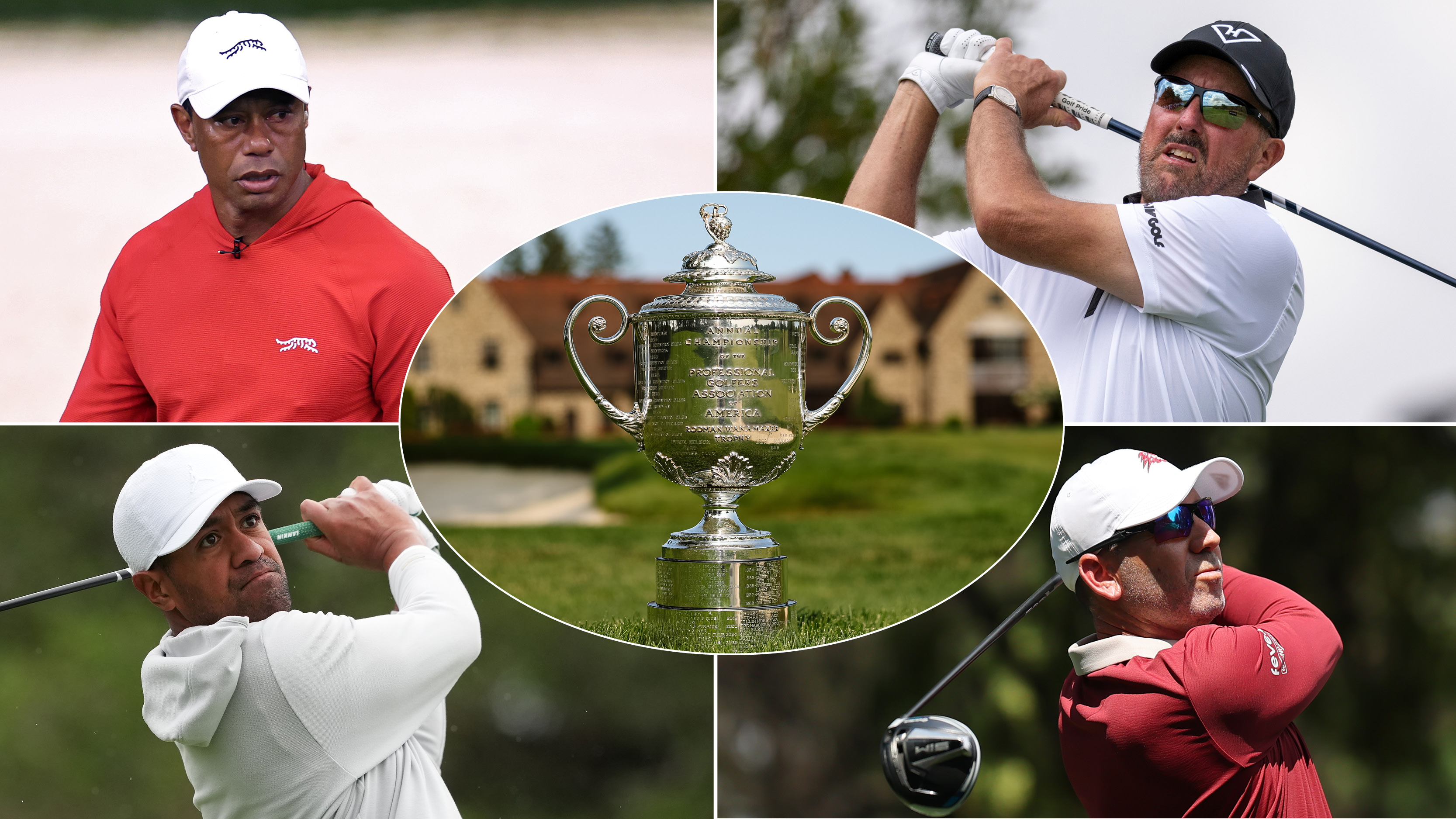 Tiger Woods, Phil Mickelson, Tony Finau and Sergio Garcia with the Wanamaker Trophy centered
