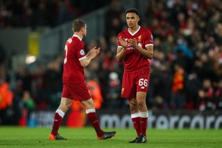 Trent Alexander-Arnold of Liverpool applauds the fans at full time during the UEFA Champions League Semi Final First Leg match between Liverpool and A.S. Roma at Anfield on April 24, 2018 in Liverpool, United Kingdom.