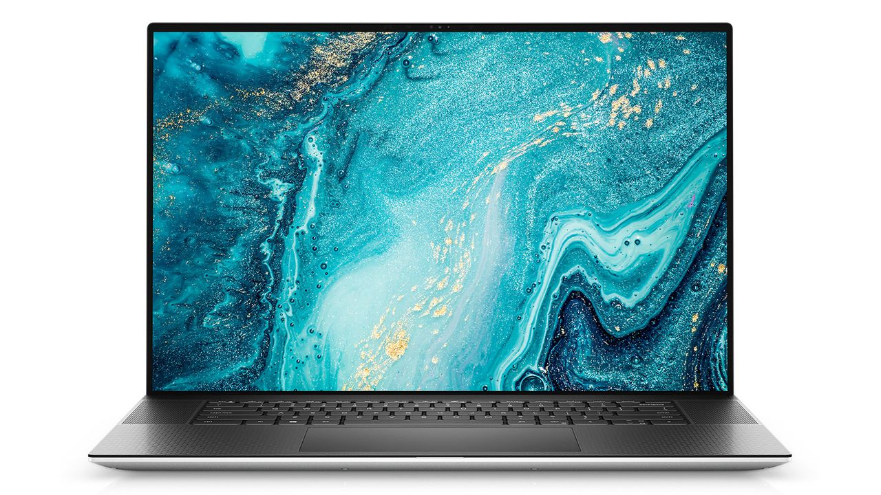 Dell XPS 17-inch laptop on white background with screen open showing satellite view of the ocean.