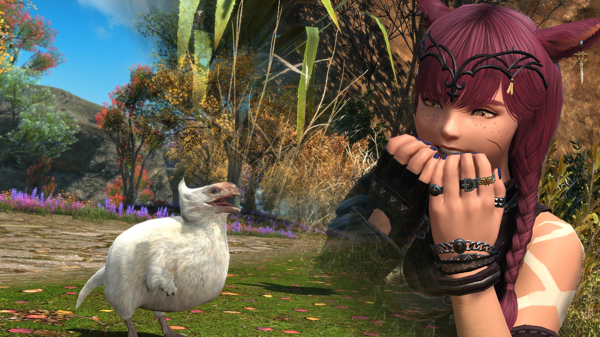 A baby Seikret from Monster Hunter Wilds as a minion in the Final Fantasy 14 crossover collab. It&#039;s a white baby bird with a goofy expression. There is a female miqo&#039;te superimposed on the right side grinning with her hands over her face. 