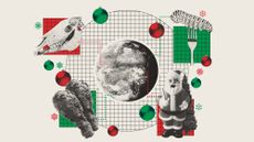 Photo composite illustration of a globe, fried chicken, a horse skull, Santa ornament, Christmas tree and edible caterpillar