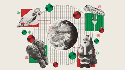 Photo composite illustration of a globe, fried chicken, a horse skull, Santa ornament, Christmas tree and edible caterpillar