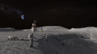 An artist's concept of astronauts working on the moon. 